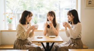 一期一会。若い女性たちがカフェで一期一会の瞬間を楽しむ様子